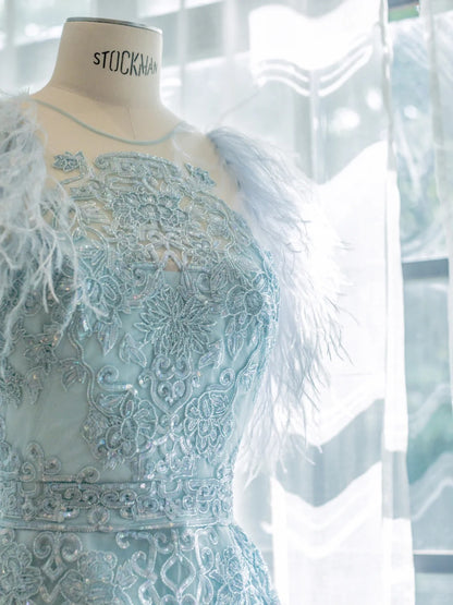 Beautiful Ball Gowns Scoop Blue Short With Feathers Graduation High School Party Homecoming Dresses N4471