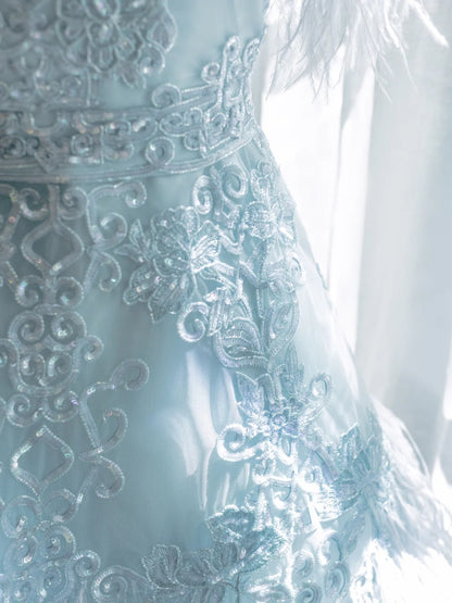 Beautiful Ball Gowns Scoop Blue Short With Feathers Graduation High School Party Homecoming Dresses N4471