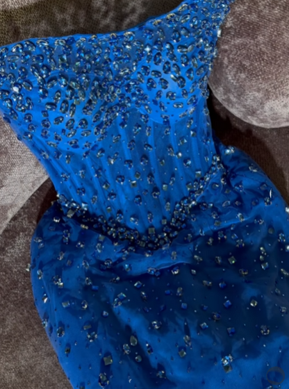 Modest A Line Strapless Royal Blue Sequins With Beads Evening Dresses High School Teens Senior Night Dance Party Outfits N001