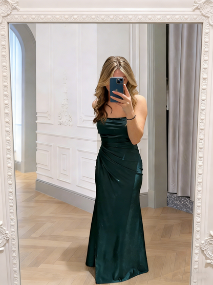 Modest Mermaid Spaghetti Strap Dark Green Satin Evening Dresses High School Teens Senior Night Dance Party Outfits N005