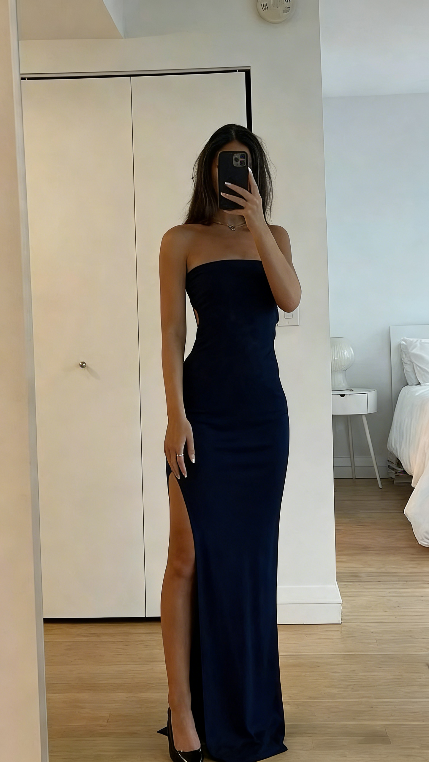 Modest Sheath Strapless Split Black Prom Evening Dresses High School Teens Senior Night Dance Party Outfits N010