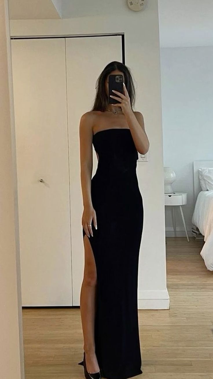 Modest Sheath Strapless Split Black Prom Evening Dresses High School Teens Senior Night Dance Party Outfits N010