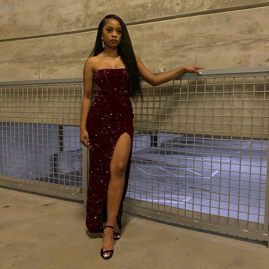 Modest Sheath Strapless Split Black Sequin Prom Evening Dresses High School For Black Girls Senior Night Dance Party Outfits N012