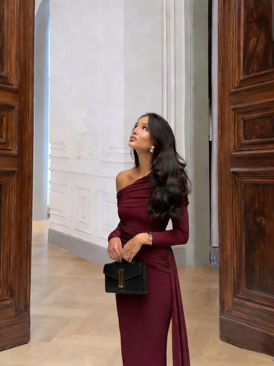 Sexy Mermaid One Shoulder Burgundy Long Sleeve Evening Dresses Inspo Senior Night Dance Prom Dress N017