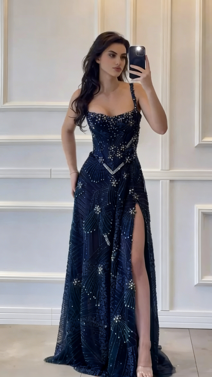Modest A line Square Neck Dark Green Sequins Slit Long Prom Dresses Senior Graduation Dance Evening Outfits N036