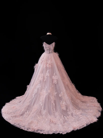 Chic Ball Gown Strapless Short Pink Lace With Feather Appliques Inspo Formal Party Gowns Prom Dresses N150