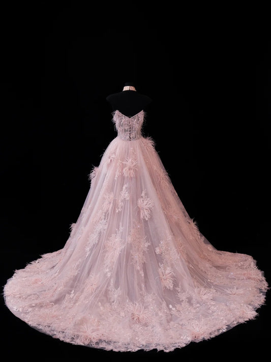 Chic Ball Gown Strapless Short Pink Lace With Feather Appliques Inspo Formal Party Gowns Prom Dresses N150