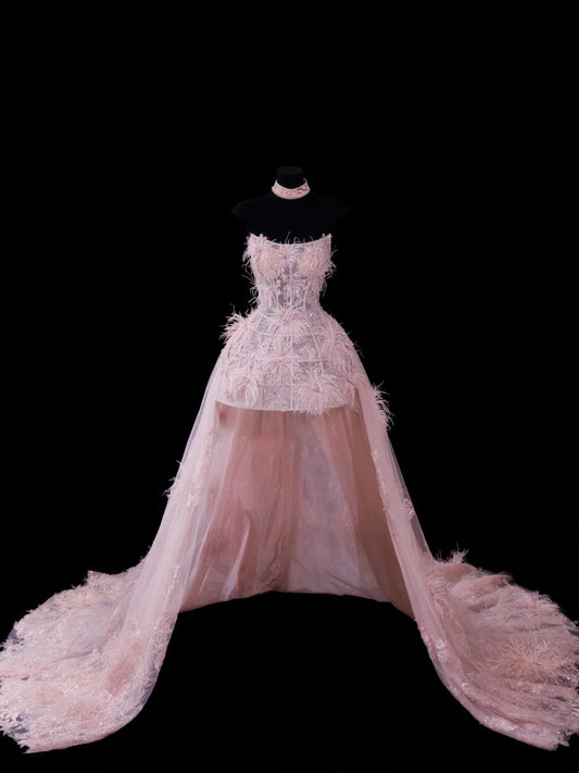 Chic Ball Gown Strapless Short Pink Lace With Feather Appliques Inspo Formal Party Gowns Prom Dresses N150