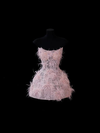Chic Ball Gown Strapless Short Pink Lace With Feather Appliques Inspo Formal Party Gowns Prom Dresses N150