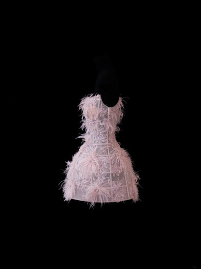 Chic Ball Gown Strapless Short Pink Lace With Feather Appliques Inspo Formal Party Gowns Prom Dresses N150