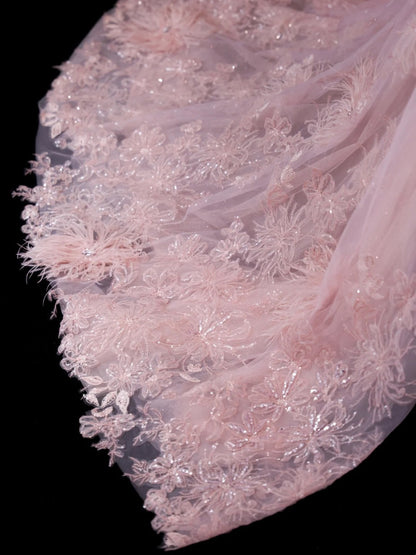 Chic Ball Gown Strapless Short Pink Lace With Feather Appliques Inspo Formal Party Gowns Prom Dresses N150