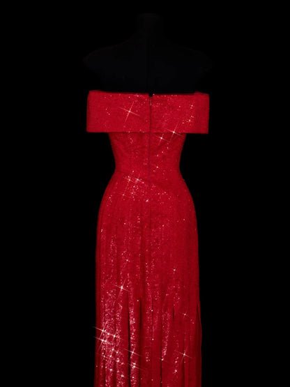 Chic A line Off The Shoulder Red Pleated Ruffle Sequin Long Prom Dresses Inspiration Evening Gowns Formal Party Dress N152