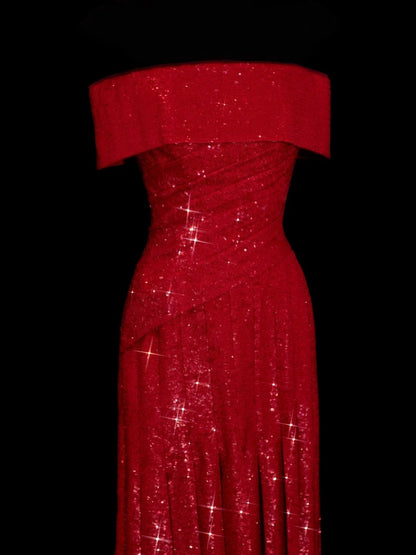 Chic A line Off The Shoulder Red Pleated Ruffle Sequin Long Prom Dresses Inspiration Evening Gowns Formal Party Dress N152
