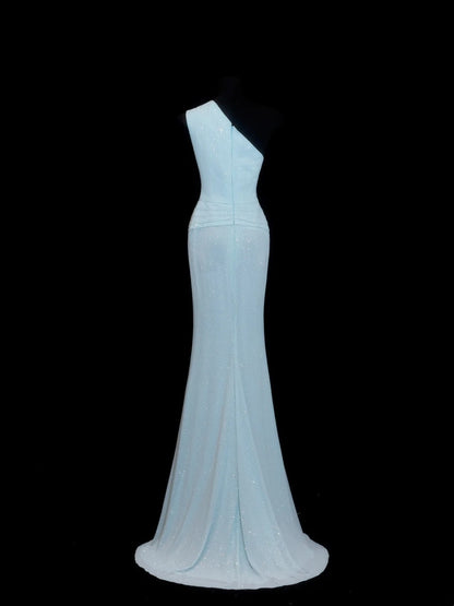 Chic Mermaid One Shoulder Light Sky Blue Pleated Ruffle Sequin Long Prom Dresses Inspiration Evening Gowns Formal Party Dress N153