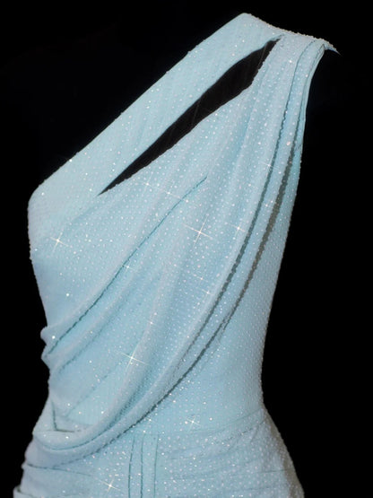 Chic Mermaid One Shoulder Light Sky Blue Pleated Ruffle Sequin Long Prom Dresses Inspiration Evening Gowns Formal Party Dress N153