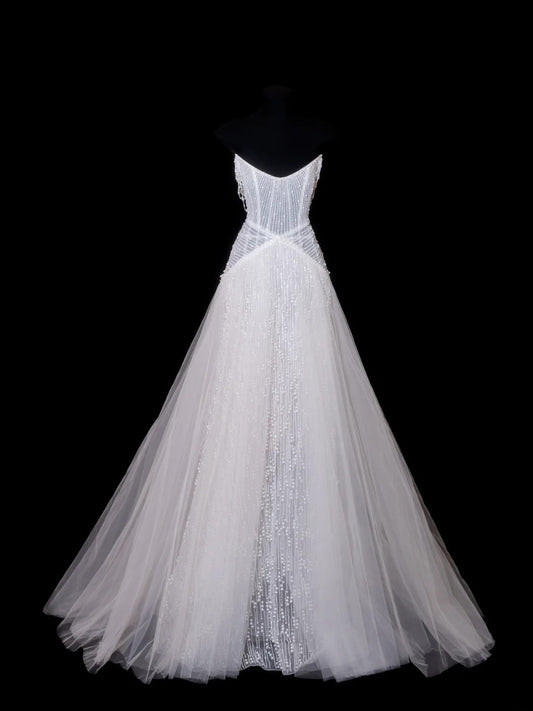 Glitter Wedding Dresses Ball Gown V Neckline Sequin Beaded White Brides Dress Fitted Long Bridal Gowns N155