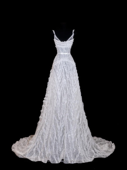 Glitter Wedding Dresses Ball Gown Spaghetti Strap Sequin Beaded White Brides Dress Fitted Long Bridal Gowns N156