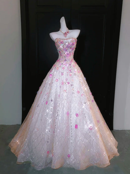 Chic Ball Gown Strapless Pink Sequin With Beaded Crystals Bodice Inspo Formal Party Gowns Prom Dresses N158