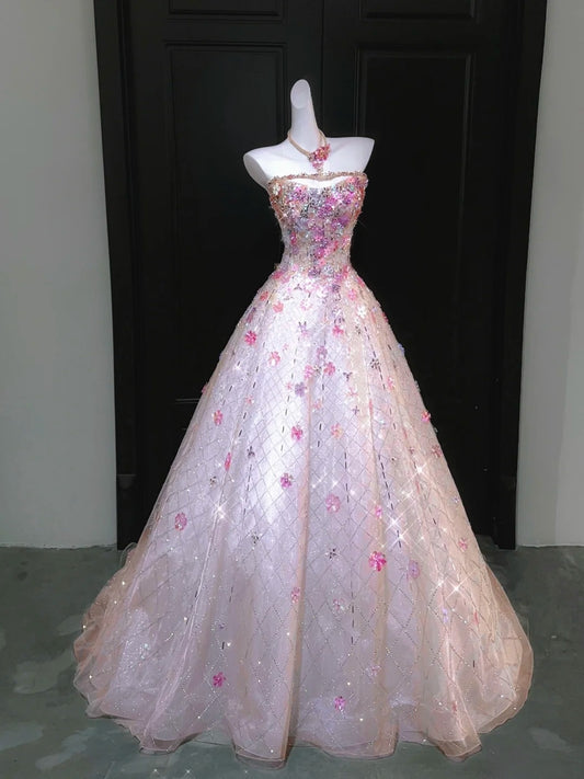 Chic Ball Gown Strapless Pink Sequin With Beaded Crystals Bodice Inspo Formal Party Gowns Prom Dresses N158