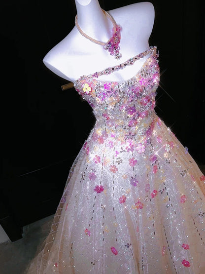 Chic Ball Gown Strapless Pink Sequin With Beaded Crystals Bodice Inspo Formal Party Gowns Prom Dresses N158