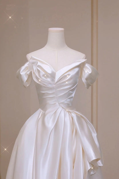 Timeless Wedding Dresses A Line Off The Shoulder Short Sleeves Satin Pleated Brides Dress Fitted Long Bridal Gowns N159