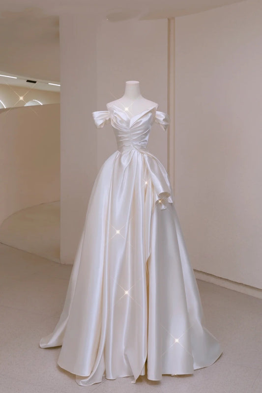 Timeless Wedding Dresses A Line Off The Shoulder Short Sleeves Satin Pleated Brides Dress Fitted Long Bridal Gowns N159