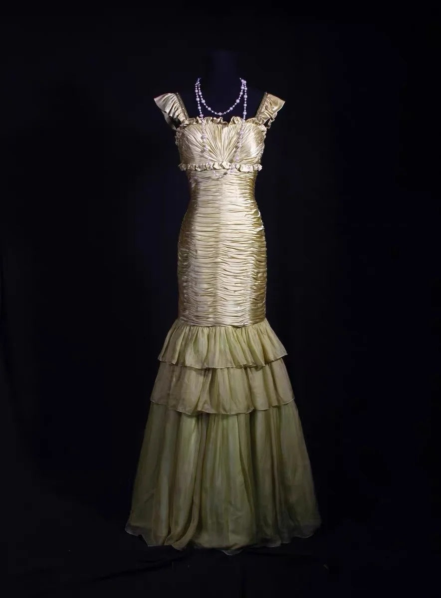 Vintage Prom Dresses Aesthetic Mermaid Square Sage Green With Beaded Crystals Bodice Inspo Formal Party Gowns Dresses N161