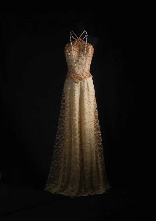 Vintage Prom Dresses Aesthetic A line Halter Gold Sequins With Beaded Bodice Inspo Formal Party Gown N166
