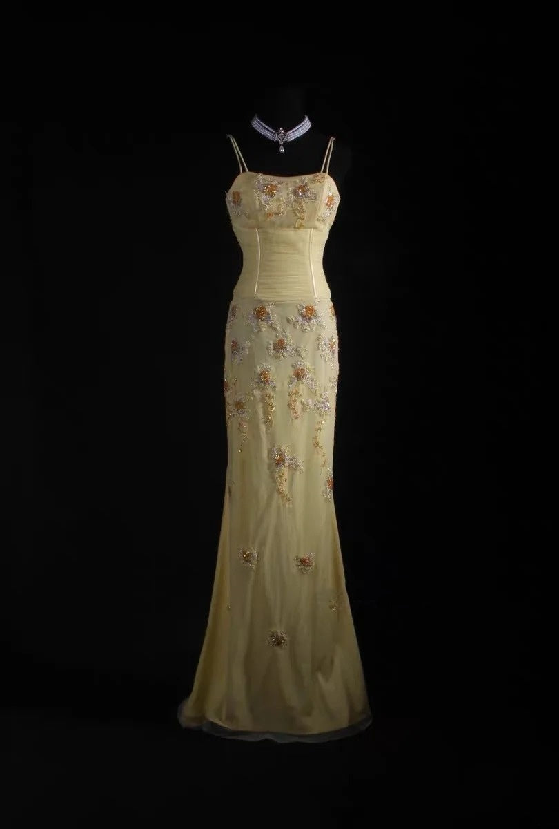 Vintage Prom Dresses Aesthetic Mermaid Spaghetti Strap Yellow With Beaded Crystals Bodice Inspo Formal Party Gowns N165