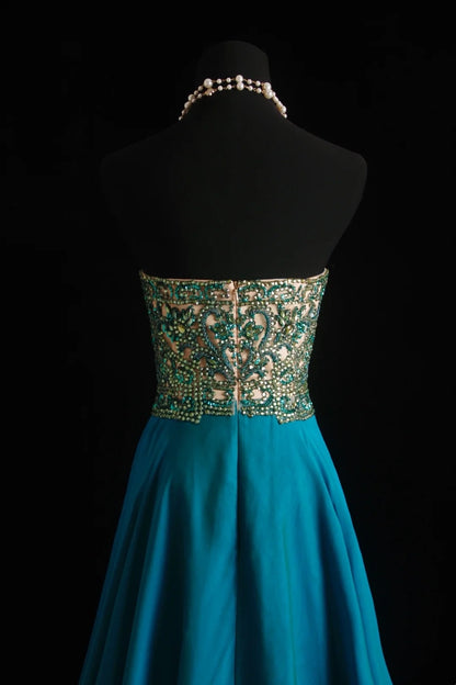 Vintage Prom Dresses Aesthetic A line Sweetheart Beaded Bodice Inspo Blue Formal Party Gown N169