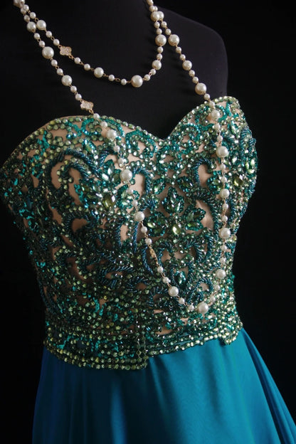 Vintage Prom Dresses Aesthetic A line Sweetheart Beaded Bodice Inspo Blue Formal Party Gown N169