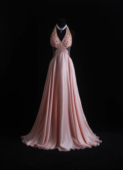 Vintage Prom Dresses Aesthetic A line Halter Pink Backless Beaded Bodice Inspo Formal Party Gown N168