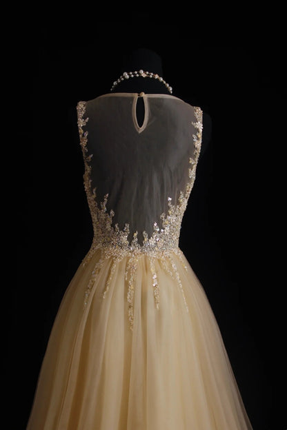 Vintage Prom Dresses Aesthetic A line Scoop Neck Champagne Tulle With Beaded Bodice Inspo Formal Party Gown N170
