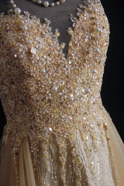 Vintage Prom Dresses Aesthetic A line Scoop Neck Champagne Tulle With Beaded Bodice Inspo Formal Party Gown N170