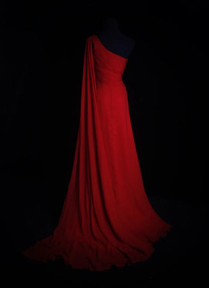 Vintage Prom Dresses Aesthetic A line One Shoulder Red Chiffon With Beaded Bodice Inspo Formal Party Gown N171