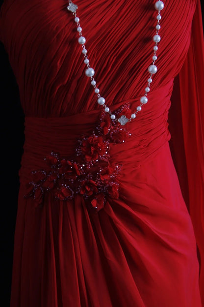 Vintage Prom Dresses Aesthetic A line One Shoulder Red Chiffon With Beaded Bodice Inspo Formal Party Gown N171