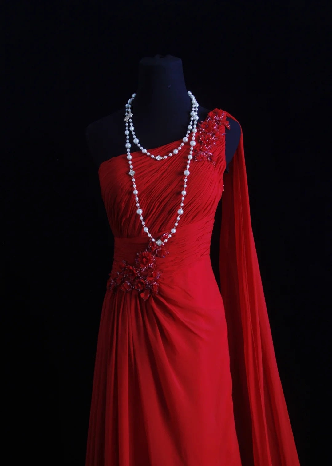 Vintage Prom Dresses Aesthetic A line One Shoulder Red Chiffon With Beaded Bodice Inspo Formal Party Gown N171