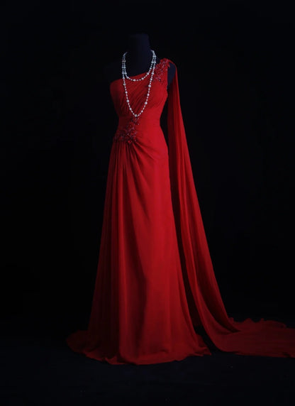 Vintage Prom Dresses Aesthetic A line One Shoulder Red Chiffon With Beaded Bodice Inspo Formal Party Gown N171