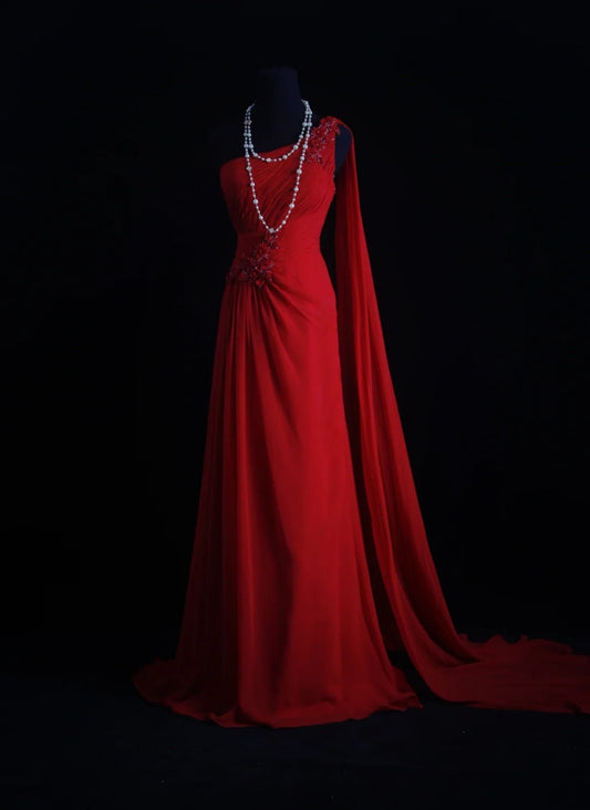 Vintage Prom Dresses Aesthetic A line One Shoulder Red Chiffon With Beaded Bodice Inspo Formal Party Gown N171