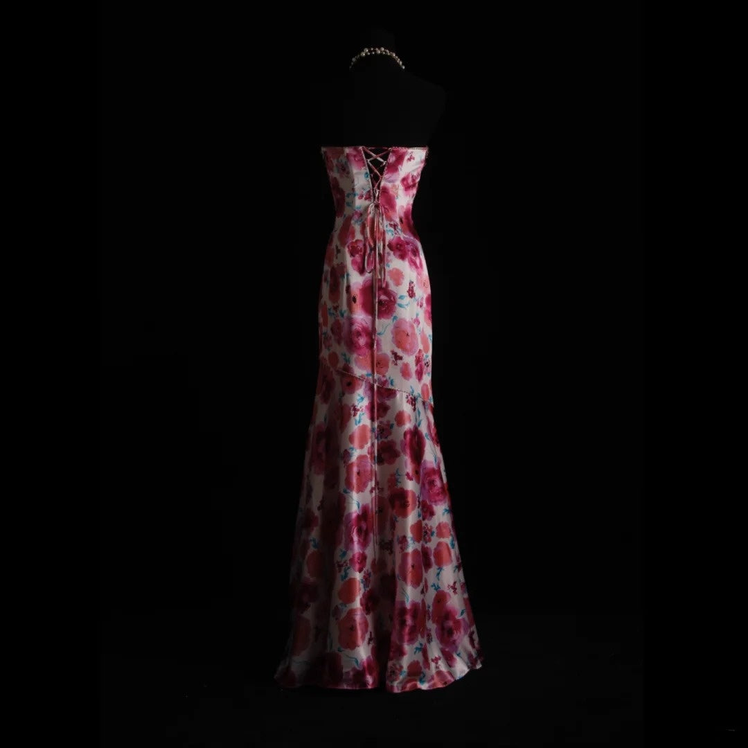 Vintage Prom Dresses Aesthetic Mermaid Sweetheart Floral Satin With Beaded Crystals Bodice Inspo Formal Party Gowns N172