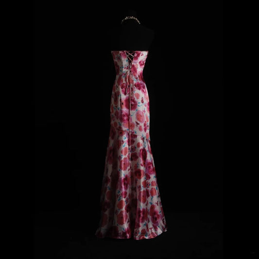 Vintage Prom Dresses Aesthetic Mermaid Sweetheart Floral Satin With Beaded Crystals Bodice Inspo Formal Party Gowns N172