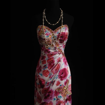 Vintage Prom Dresses Aesthetic Mermaid Sweetheart Floral Satin With Beaded Crystals Bodice Inspo Formal Party Gowns N172