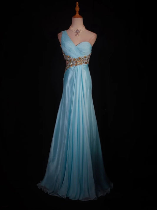 Vintage A line One Shoulder Light Sky Blue With Beaded Long Prom Dresses Inspiration Evening Gowns Formal Party Prom Dress N194