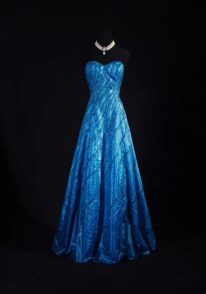 Vintage A line Sweetheart Royal Blue With Beaded Long Prom Dresses Inspiration Evening Gowns Formal Party Prom Dress N192