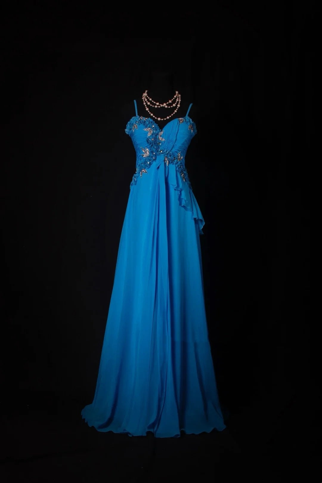Vintage A line Spaghetti Strap Royal Blue Chiffon Long Prom Dresses Inspiration Evening Gowns Formal Party Prom Dress N191