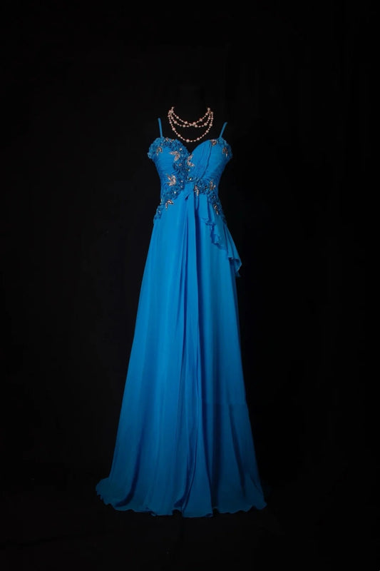 Vintage A line Spaghetti Strap Royal Blue Chiffon Long Prom Dresses Inspiration Evening Gowns Formal Party Prom Dress N191
