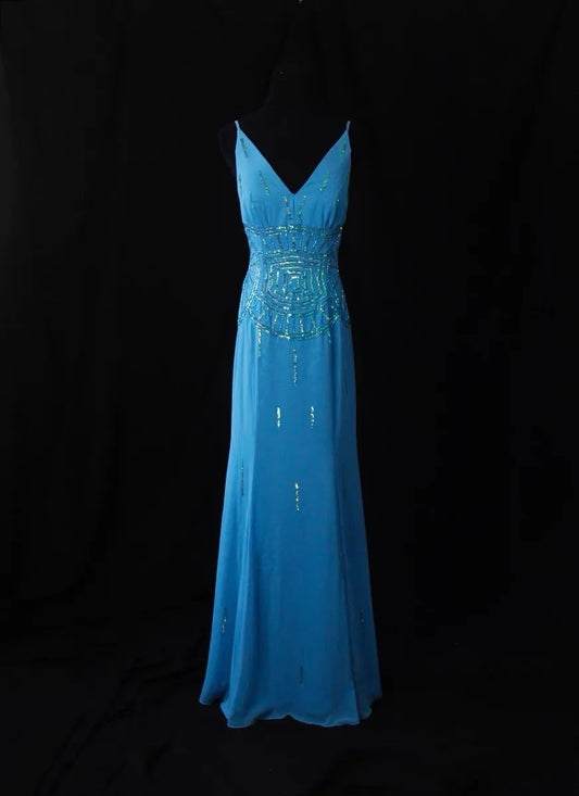 Vintage A line Spaghetti Strap Blue Chiffon Long Prom Dresses Inspiration Evening Gowns Formal Party Prom Dress N190