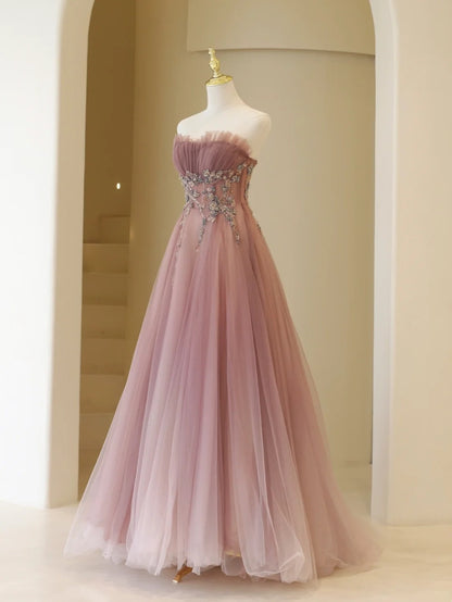 Stylish A line Strapless Dusty Pink Tulle Long Prom Dresses Inspiration Evening Gowns Formal Party Prom Dress N198