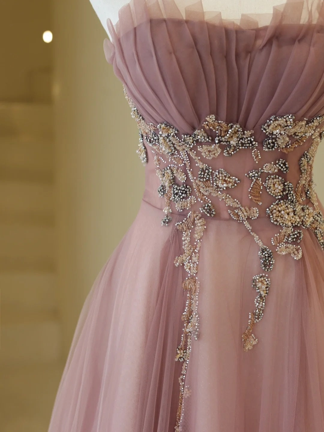 Stylish A line Strapless Dusty Pink Tulle Long Prom Dresses Inspiration Evening Gowns Formal Party Prom Dress N198