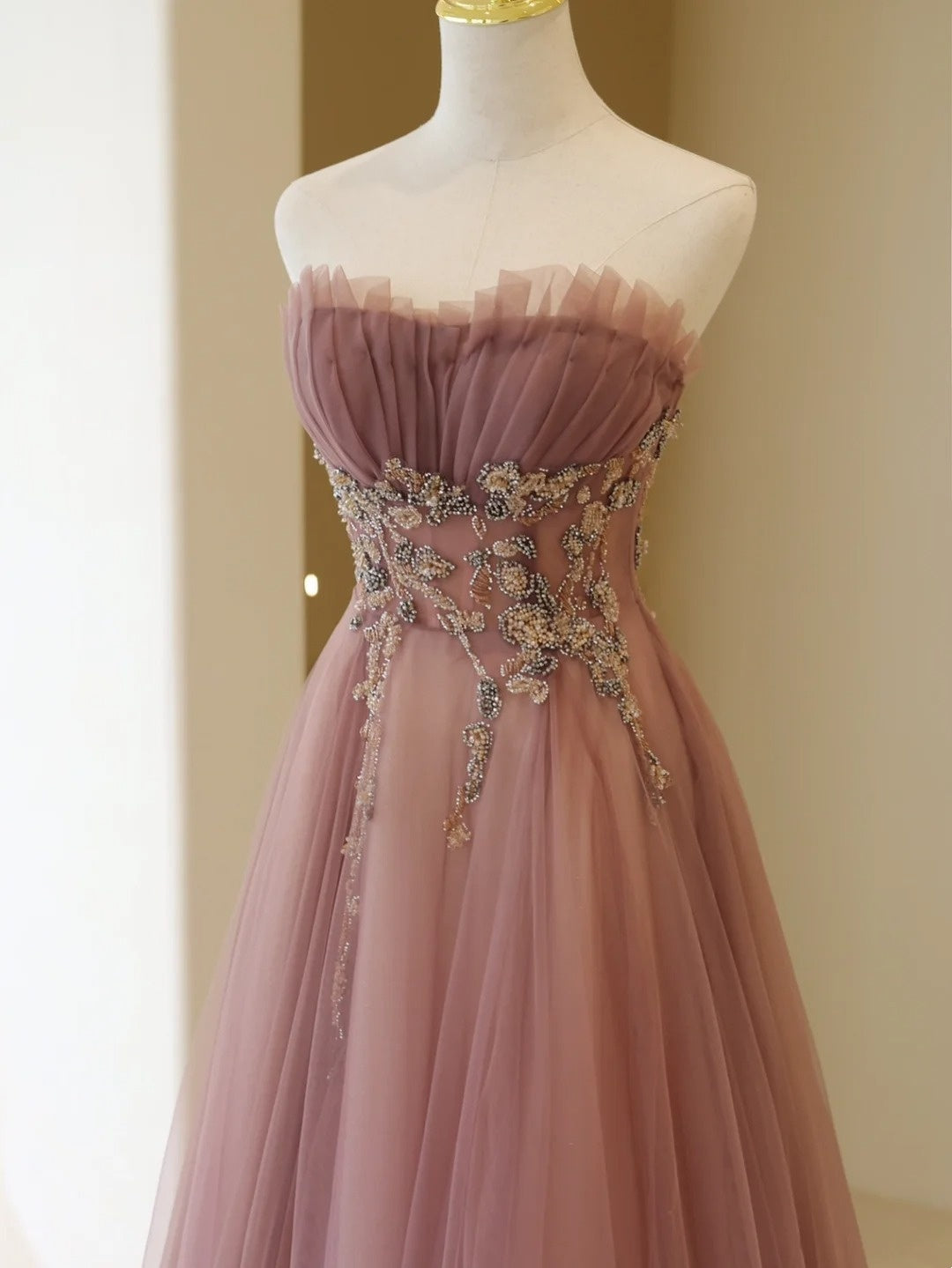 Stylish A line Strapless Dusty Pink Tulle Long Prom Dresses Inspiration Evening Gowns Formal Party Prom Dress N198